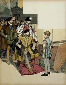 Der König von Frankreich Henri II. umgeben von seinen Herren befragt gerne den jungen Heinrich IV. Illustration von Hermann Vogel in 