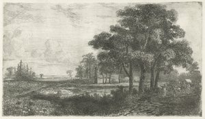 Baumreiche Landschaft mit Planwagen