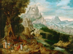Landschaft mit Johannes dem Täufer beim Predigen von Herri met de (c.1510 p.1550) Bles