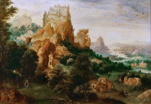 Landschaft mit der Parabel vom barmherzigen Samariter von Herri met de (c.1510 p.1550) Bles