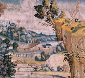 Flandrischer Wandteppich. Serie Vier Wandteppiche nach Hieronymus Bosch. Der heilige Antonius im Gebet. Zweiter Wandteppich in der Serie. Modell inspiriert von der Arbeit von Hieronymus Bosch. Herstellung unbekannte Werkstatt, Brüssel. Vor 1560.