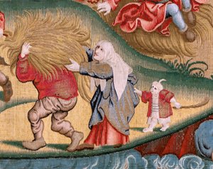 Flandrischer Wandteppich. Serie Vier Wandteppiche nach Hieronymus Bosch. Die Leiden des menschlichen Lebens. Dritter Wandteppich in der Serie. Modell inspiriert von der Arbeit von Hieronymus Bosch. Herstellung unbekannte Werkstatt, Brüssel. Vor 1560.