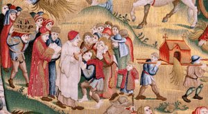 Flandrischer Wandteppich. Serie Vier Wandteppiche nach Hieronymus Bosch. Die Leiden des menschlichen Lebens. Dritter Wandteppich in der Serie. Modell inspiriert von der Arbeit von Hieronymus Bosch. Herstellung unbekannte Werkstatt, Brüssel. Vor 1560.