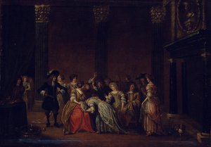 Eine elegante Gesellschaft in einem Innenraum mit einem Ehestreit