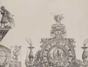 Der Gipfel des rechten Portals und ein Trompeter und Standarte vom zentralen Portal, ca. 1515 von Hieronymus Andreae