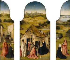 Anbetung der Könige, Innenansicht (Heiliger Petrus mit Stifter, Anbetung der Könige, Heilige Agnes mit Stifter) von Hieronymus Bosch