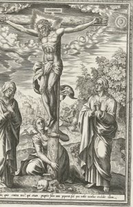 Kreuzigung mit Maria, Johannes dem Täufer und Maria Magdalena von Hieronymus Cock