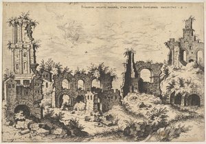 Ansicht der Ruinen auf dem Palatin-Hügel mit Trabeatenfassade links und Arkaden in der Mitte, 1550 von Hieronymus Cock