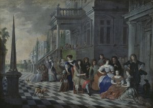 Figuren, die vor einem Palast Musik machen, 1672