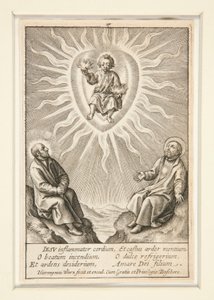 Das Kind mit einem flammenden Herzen zwischen Ignatius von Loyola und Franz Xaver von Hieronymus Wierix