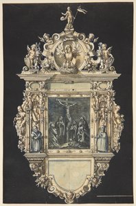Entwurf für ein Epitaph mit der Kreuzigung Christi. Ein reich verzierter Rahmen mit zahlreichen Figuren von Hieronymus Wierix