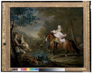 Ein Herr zu Pferd mit Jägern in einer weiten Landschaft von Hieronymus van der Mij