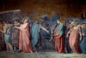 Christus trägt sein Kreuz (Detail eines Freskos von Hyppolithe Flandrin, 19. Jahrhundert)