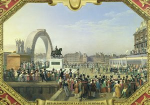 Wiederaufstellung der Statue von Henri IV. (1553-1610) auf der Pont Neuf, 25. August 1818 von Hippolyte Lecomte