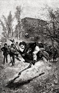 Der junge Service reitet auf einem Strauß. Gravur von Hippolyte Leon Benett