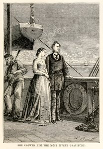 Sie zeigte ihm die lebhafteste Dankbarkeit, aus In 80 Tagen um die Welt von Jules Verne (1828-1905) graviert von Henri-Théophile Hildebrand (1824-97), 1873