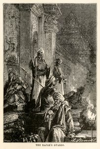 Die Wachen des Rajas, aus In 80 Tagen um die Welt von Jules Verne (1828-1905), graviert von Adolphe François Pannemaker (1822-1900), 1873 von Hippolyte Leon after Benett