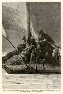 Die Kälte, verstärkt durch die enorme Geschwindigkeit, beraubte sie der Sprachkraft, aus In 80 Tagen um die Welt von Jules Verne (1828-1905) graviert von Adolphe François Pannemaker (1822-1900) von Hippolyte Leon after Benett