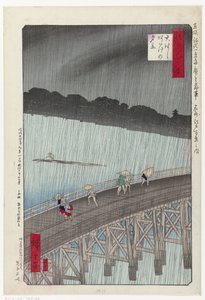 Unerwarteter Regenschauer auf der großen Brücke in Atake (Titel auf dem Objekt) Auswahl von 48 Ansichten auf Edo (Serientitel)