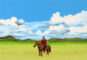 Mongolische Steppe und Menschen auf Pferden, 2015 von Hiroyuki Izutsu