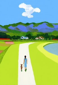 Die Blauen Berge und die Frau, die mit dem Hund spaziert