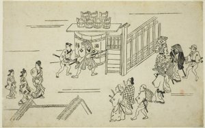 Eingang zu Ageyacho, aus der Serie "Das Erscheinungsbild von Yoshiwara (Yoshiwara no tei)", ca. 1681-84 von Hishikawa Moronobu