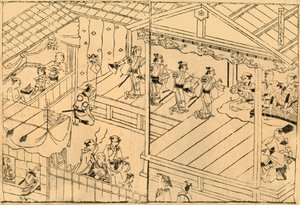 Kabuki-Aufführung im Shijo-Flussbett, 1658, 1924 von Hishikawa Moronobu