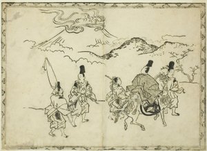 Narihiras Reise in den Osten, aus dem illustrierten Buch "Panorama der Gemälde auf Paravents und Hängerollen (Byobu kakemono ekagami)" von Hishikawa Moronobu