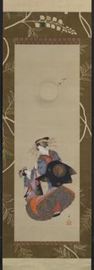 Schönheit von Yoshiwara mit Lehrling im Mondlicht von Hokuba