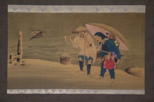 Affen Schausteller und Träger im Schnee, 19. Jahrhundert von Hokuga