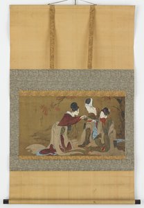 Drei Shirabyoshi trinken Sake, der über einem Feuer aus Herbstblättern erhitzt wird, Edo-Zeit, 1800-1850 von Hokuga