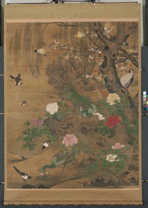 Hängende Schriftrolle, Vögel versammeln sich unter der Frühlingsweide, späte 1400er bis frühe 1500er (Tinte und Farbe auf Seide) von Hong Yin