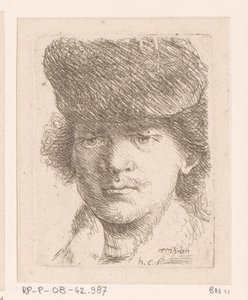 Porträt von Rembrandt mit hoher Mütze