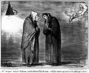 - Ah! Meine arme Madame Chaffarou, es ist definitiv vorbei mit uns... hier kommt der Komet und die Sonne geht, Karikatur von Honore Daumier (1808-1879). „Charivari“