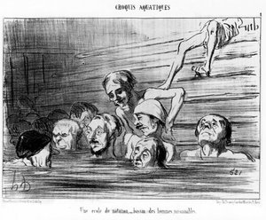 Eine Schwimmschule, ein Pool vernünftiger Männer: Illustration aus der Serie „Sommer-Skizzen“, Karikaturen über das Schwimmen von Honore Daumier (1808-1879). „Charivari“ von Honoré Daumier