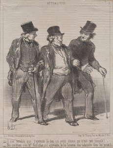 Aktualitäten (Nr. 7): Es scheint mir, dass ich dort einen kleinen Hund bemerke, der nicht geknebelt ist!...Denken Sie nichts dabei, Herr Rohichon; wenn er sich nähert, werde ich ihm meine Schnupftabakdose in die Augen werfen! von Honoré Daumier