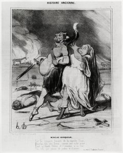 Alte Geschichte: Menelaos Sieger, Karikatur zur Illustration eines Auszugs aus der Ilias von Homer: „Auf den rauchigen Mauern des prächtigen Troja, Menelaos, Sohn der Götter, wie eine reiche Beute, entführt seine blonde Helena und bringt sie zu seinem Hof,