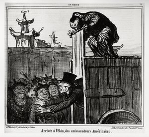 Ankunft der amerikanischen Botschafter in Peking. In der Serie En Chine, Illustration von Honore Daumier (1808-1879), veröffentlicht in „Charivari“, datiert 13. Oktober 1859