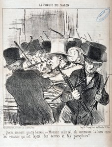 Wenn es vier Uhr schlägt - feierlicher Moment, in dem der Kampf zwischen den Besuchern beginnt, die Stöcke und Regenschirme abgelegt haben von Honoré Daumier