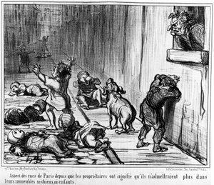 Aspekt der Straßen von Paris, seit die Eigentümer bedeuteten, dass sie weder Hunde noch Kinder in ihren Gebäuden zulassen würden, aus „Mieter und Eigentümer“, eine Serie von Karikaturen von Honore Daumier (1808-1879). „Charivari“