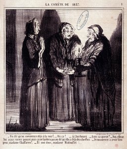 Karikatur über Wissenschaft. Serie über „den Kometen von 1857“: „Man sagt, wir fangen schon an, sie zu sehen!...“ Gravur von Honore Daumier (1808-1879). Auszug aus der Zeitung „Le Charivari“ vom 7. März von Honoré Daumier