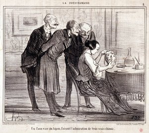 Karikatur über Kunstsammler. Serie „Potichomania“: „Eine falsche Vase aus Japan bewundert drei Chinesen.“