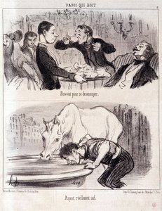 Karikatur über gastronomischen Missbrauch. Serie Paris trinkt: „Trinken aus Langeweile. Wirklich durstig.“ Gravur von Honore Daumier (1808-1879). Auszug aus der Zeitung „Le Charivari“ 16. Juni 1852 Dim 37x26cm Inv D 2310 - Box 24 Nr. 5. Marseille, Musée de