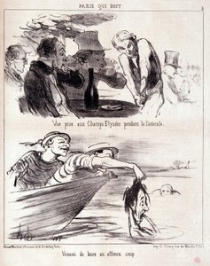 Karikatur über gastronomischen Missbrauch. Serie „Paris qui boire“: „Ansicht auf den Champs Elysees während der Hitzewelle. Gerade einen schrecklichen Schlag getrunken.“ Gravur von Honore Daumier (1808-1879). Auszug aus der Zeitung „Le Charivari“ vom 5. Ju von Honoré Daumier