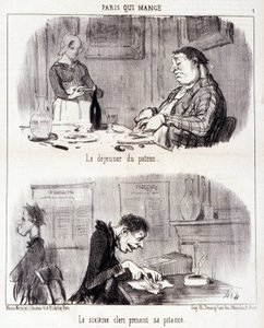 Karikatur über gastronomischen Missbrauch. Serie „Paris qui mange“: Das Frühstück des Chefs. Der sechste Angestellte nimmt seine Mahlzeit.
