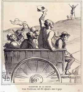 Karikatur über Jäger. Serie Herbstskizze: Eröffnung der Jagd, zwei Rebhühner wurden auf dem Land gesichtet, aus der Zeitung Le Charivari von Honoré Daumier