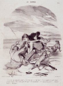 Karikatur über Jäger. Serie „Die schönen Tage des Lebens - Die Jagd“: „Ich sage dir, ich habe ihn vertrieben...“ Gravur von Honore Daumier (1808-1879). Auszug aus der Zeitung „Le Charivari“ vom 10. Januar