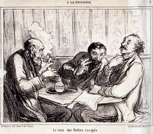 Karikatur über Dichter. Serie „In der Brauerei“: „Die Ecke der verwüsteten Dichter“. Gravur von Honoré Daumier (1808-1879). Auszug aus der Zeitung „Le Charivari“ vom 7. Januar.