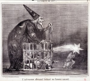 Karikatur über Wissenschaft. Serie Sur „der Komet von 1857“: „Der deutsche Astronom verlässt eine berühmte Ente“. Gravur von Honore Daumier (1808-1879). Auszug aus der Zeitung „Le Charivari“ 2. März