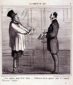 Karikatur über Wissenschaft. Serie „Der Komet von 1857“: „Ich will kein Ticket...“. Gravur von Honoré Daumier (1808-1879). Auszug aus der Zeitung „Le Charivari“ vom 4. März.